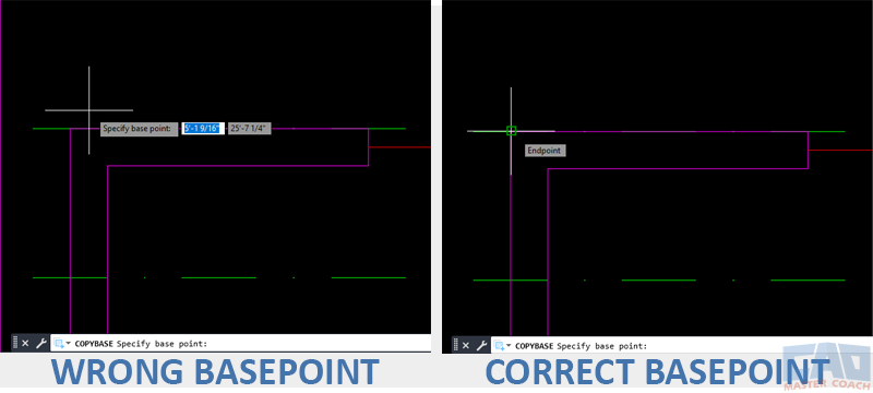 Common COPYBASE Mistake – Random Base Point Illustration showing common COPYBASE mistake of picking a random base point.