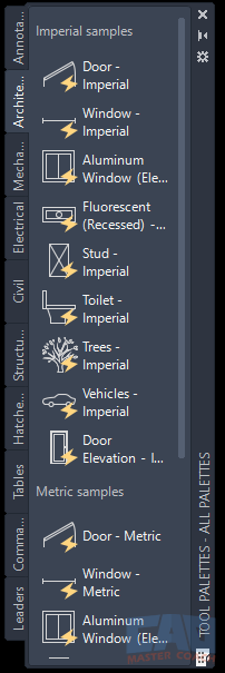 AutoCAD tool palette showing organized block library with drag and drop. AutoCAD tool palette showing organized block library with drag and drop.