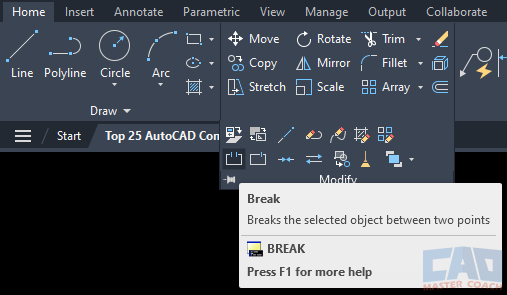 AutoCAD BREAK Command - Ribbon
