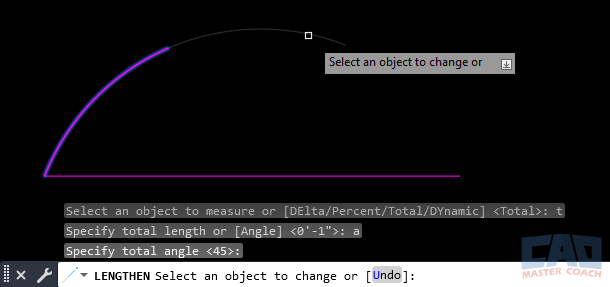 AutoCAD LENGTHEN command Total option adjusting arc angle