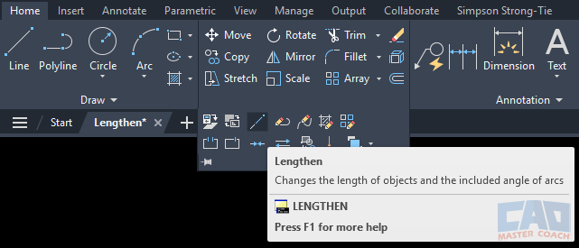 AutoCAD LENGTHEN command access from ribbon and command line