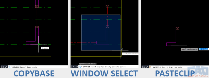 COPYBASE Example – Copying with a Defined Base Point Copying a mechanical detail using COPYBASE and pasting it at the same reference point in another drawing.