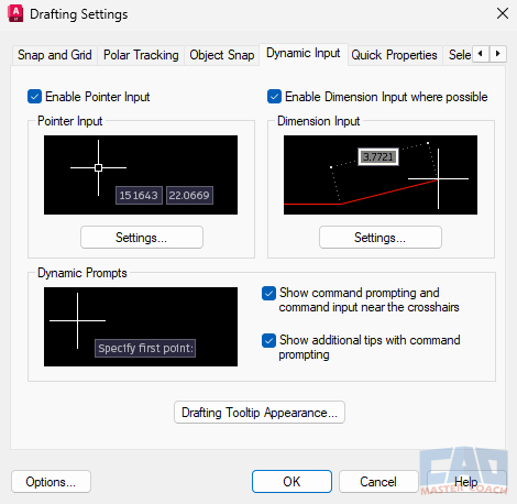 Dynamic Input settings dialog box in AutoCAD with customization options.