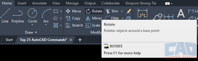 AutoCAD ROTATE Command - Ribbon