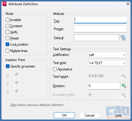Attribute Definition (ATTDEF) dialog box in AutoCAD