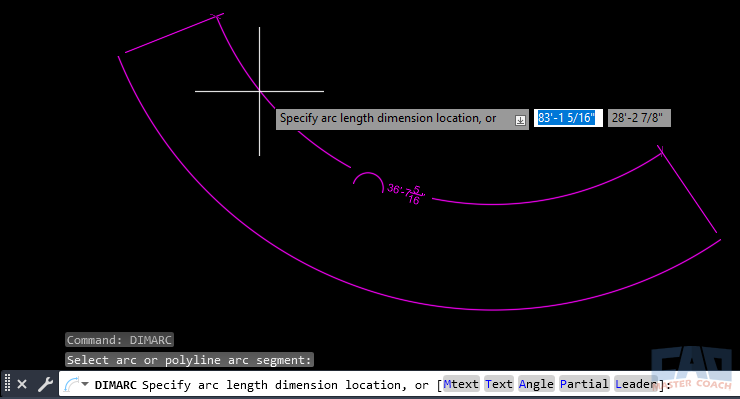 Arc length dimension applied with DIMARC in AutoCAD.