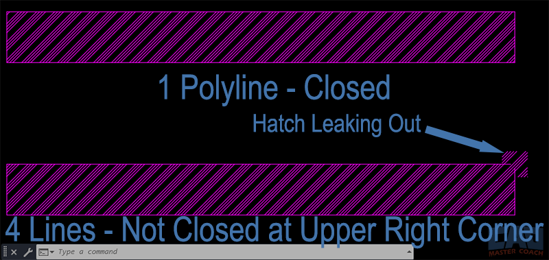 Comparison of hatch inside shape made with lines versus a closed polyline in AutoCAD.