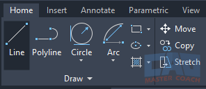AutoCAD ribbon showing the LINE command button in the Draw panel.