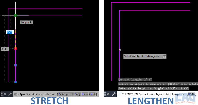 Using STRETCH and LENGTHEN to modify line endpoints in AutoCAD without redrawing.