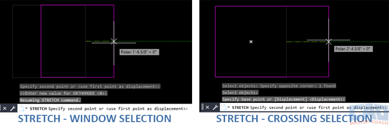 AutoCAD STRETCH Command – Crossing Selection Comparison of window selection and crossing selection when using STRETCH in AutoCAD.