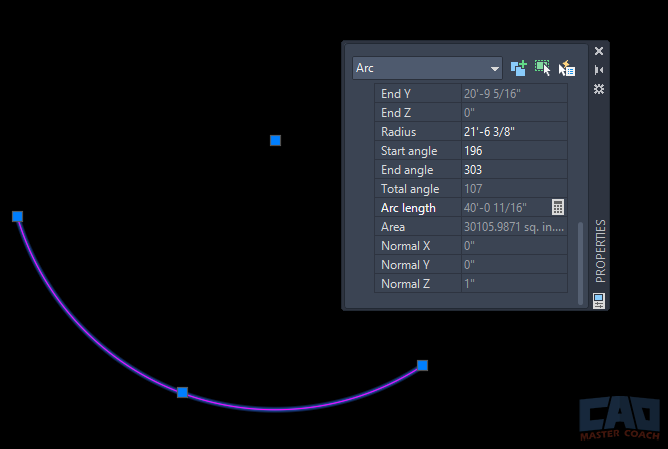AutoCAD Properties palette with Arc Length property highlighted.